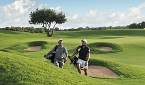 שני שחקני גולף נושאים את הציוד שלהם במגרש הגולף