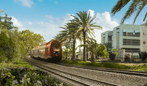 רכבת נוסעת על גבי מסילה ולצידה דקלים ומבנים עסקיים