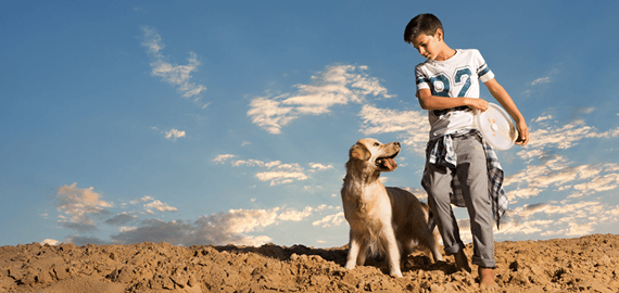 נער אוחז בצלחת מעופפת במשחק עם כלב על משטח חול