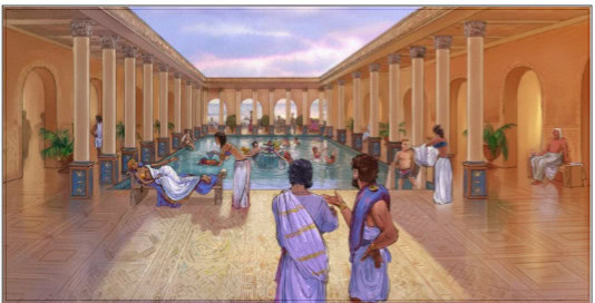 Ancient Roman bathhouse with columns and visitors, historical site in Caesarea, Israel.