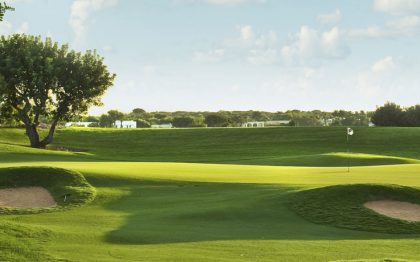 Lush green golf course with trees and clear sky, showcasing Caesarea Development Company’s scenic la.