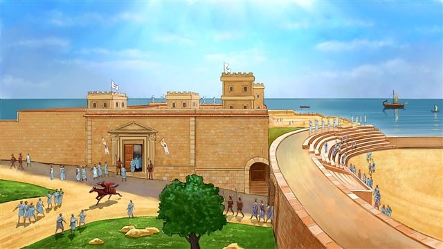 ציור המשחזר ארמון בקרבת הים. דלת רחבה וגבוהה מאפשרת כניסה מהדרך שבחזיתו. כמה צריחים נראים על גגו.
בציור גם דמויות של רומאים בלבוש לבן אופייני וכמה שומרים מצוידים ברומח.