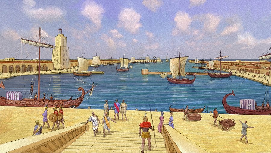 ציור של נמל עתיק ובו סירות מפרש ומשוטים. בקדמת הציור מעלה מדרגות רחב. נשים וגברים בבגדים רומיים נמצאים ברחבה שלפני הנמל, או עולים ויורדים במדרגות.
מי הנמל מוגנים בשוברי גלים המשמשים גם לעגינה