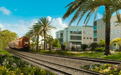 רכבת נוסעת על גבי מסילה ולצידה דקלים ומבנים עסקיים בפארק העסקים