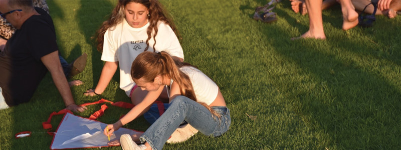 שתי ילדות על דשא צובעות עפיפון
