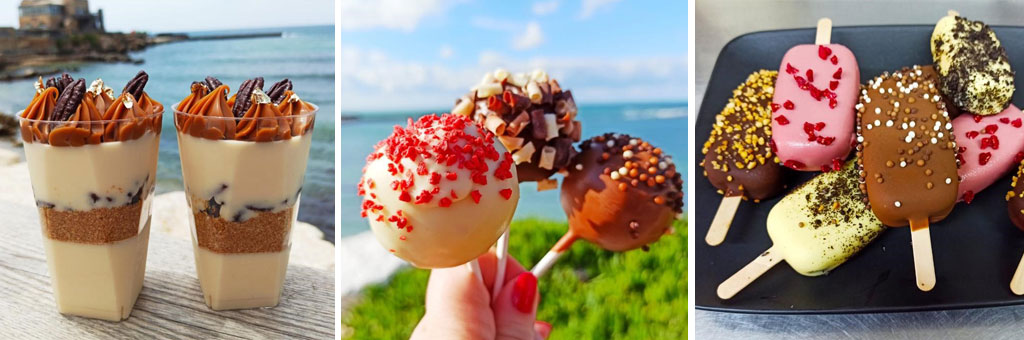 קולאז של שלוש תמנות של סוכריות גלידה, מנה אחרונה בכוס וגלידות נוספות במגוון צבעים וטעמים על רקע הים