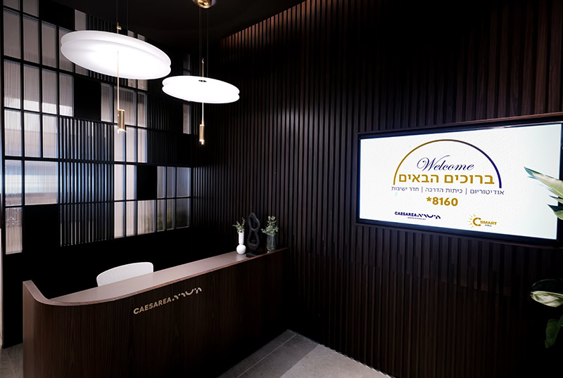 שלט קבלת פנים במשרדי החברה לפיתוח קיסריה, עיצוב מודרני.