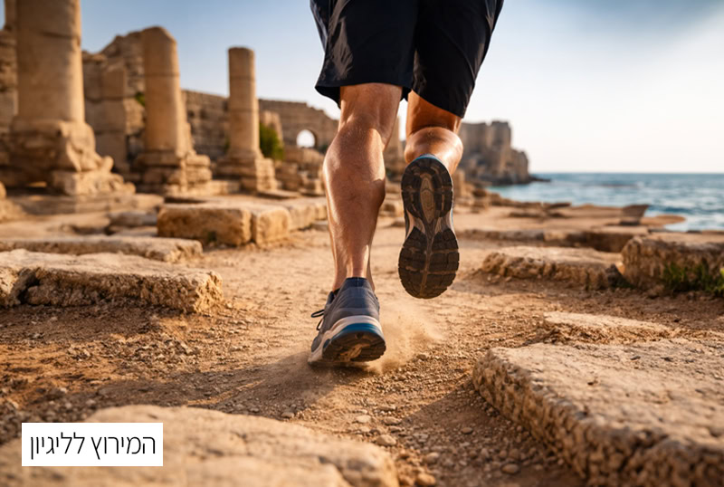 ריצה באתר העתיקות של קיסריה, ישראל, עם נוף לים ולשרידי ה.