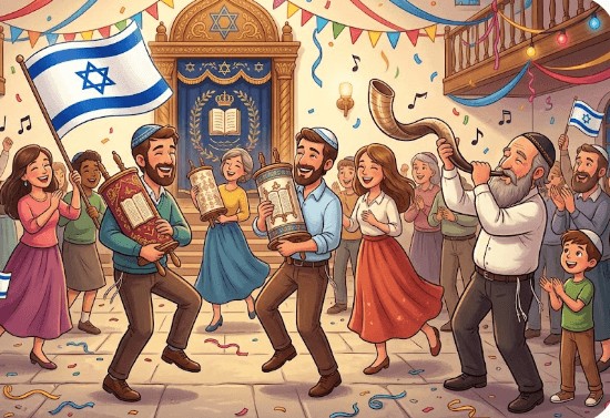 תמונה מצויירת של אנשים בבית כנסת עם דגל , ששופר וספר תורה
